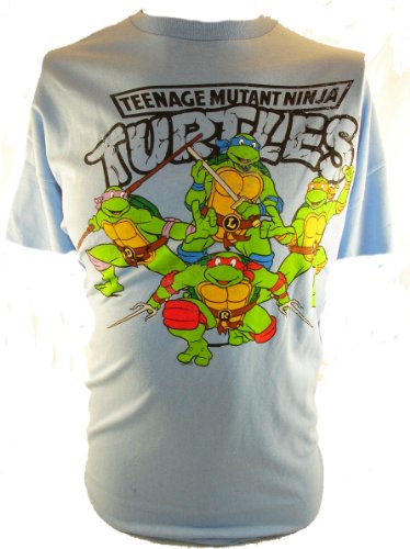  Teenage Mutant Ninja Turtles Mens T-Shirt - (Distressed) TMNT All Four Turtles on Light blue