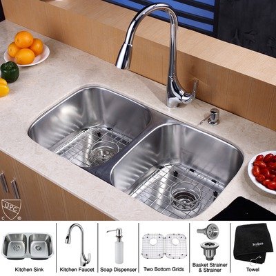 Kraus KBU22-KPF1621-KSD30CH 32 inch Undermount Double Bowl Stainless Steel Kitchen Sink with Chrome Kitchen Faucet and Soap Dispenser