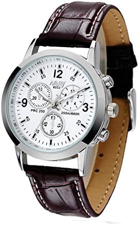 NARY Fashion Luxury PU-Leather Band White Dial Silver Stainless Steel Men's Quartz Wrist Watch
