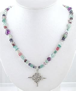 Ornate Flower Pendant on Fluorite, Aquamarine, Amethyst and Tourmaline Gemstone Bead Necklace 22" Length, #8610