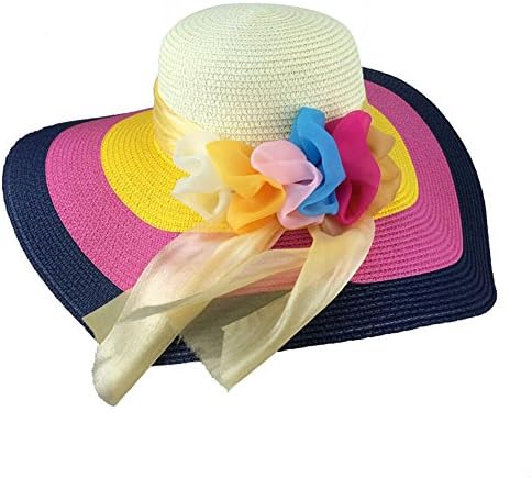 Women Large Wide Brim Floppy Beach Sun Visor Shade Straw Hat Cap Scarf (Navy)