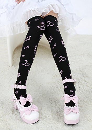 Jamemory Women Girl Novelty Music Notes Cotton Over Knee Thigh High Boot Socks Fit 5-9 (Black with pink notes)