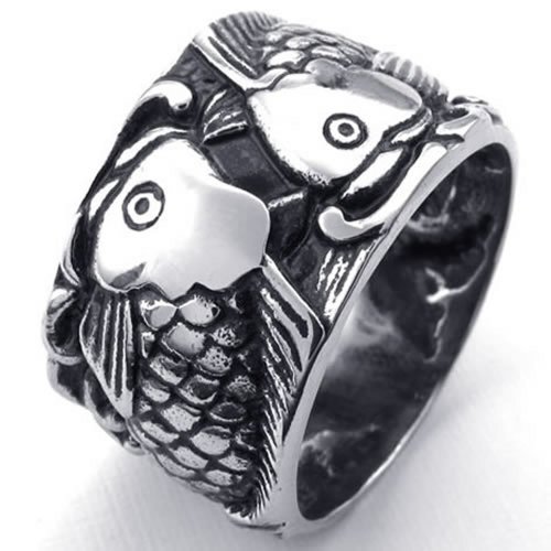 KONOV Mens Stainless Steel Ring, Vintage Carp Fish, Black Silver