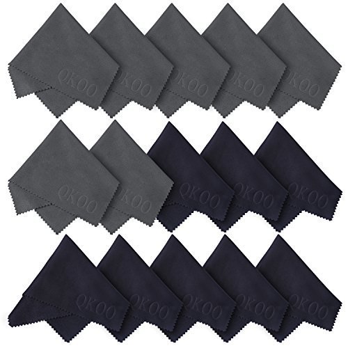 (15 Pack) - QKOO Microfiber Cleaning Cloths - for Screens, Lenses, Glasses, iPad, Nexus, Chromo, Surface Tablet, iPhone, Laptop, Cell Phones, Camera Lenses, Camera Screens, Watches and Any Other Delicate Surface (8 Black, 7 Grey) ; (6 x 7 inches (15cm x 18cm)) QK14