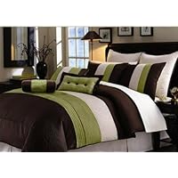 12 PC. MODERN BED IN A BAG OVERSIZED, GREEN/CHOCOLATE COMFORTER SET W/ MATCHING PILLOWS AND SHEET SET, KING