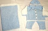 Deals Sales Knitted on Hand Knitting Machine Blue and White Two Color Chenille Infant Boys Outfit Cardigan Hat Set Trimmed By Hand Crochet with Matching Blanket Shopping