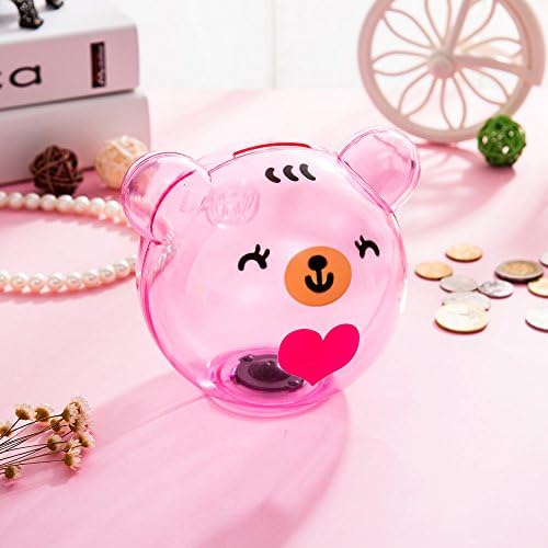 Girlwill Crystal Clear Piggy Bank Pink Bear-shaped Coin Box for Adults &amp; Girls with Drawstring Bag 4.9"4.9"5.5" [Food Grade Plastic]