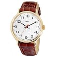 Timex H1Z931 Mens Gold-Tone Round White Easy to Read Dial Analog Dress Watch with Brown Genuine Leather Strap