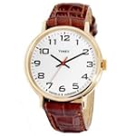 Timex H1Z931 Mens Gold-Tone Round White Easy to Read Dial Analog Dress Watch with Brown Genuine Leather Strap