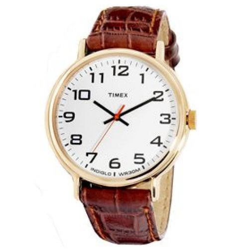 Timex H1Z931 Mens Gold-Tone Round White Easy to Read Dial Analog Dress Watch with Brown Genuine Leather Strap