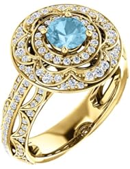 18K Yellow Gold Round Cut Blue and White Diamond Ring -- LIFETIME WARRANTY