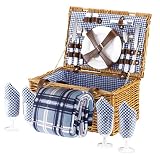 VonShef 4 Person Wicker Picnic Basket Hamper Set with Flatware, Plates and Wine Glasses Includes Blue Checked Pattern Lining and FREE Picnic Blanket