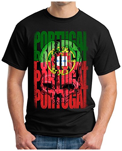 OM3 – PORTUGAL-SKULL – T-Shirt EM 2016 FRANKREICH FRANCE FUSSBALL FANSHIRT SOCCER SPORT TRIKOT EUROPAMEISTER, L, schwarz