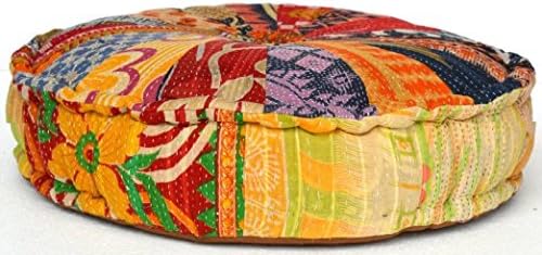 Aari Tari RANGILA Stuffed Indian Vintage Kantha Patch Floor Cushion; Pouf Ottoman; Round Pouf
