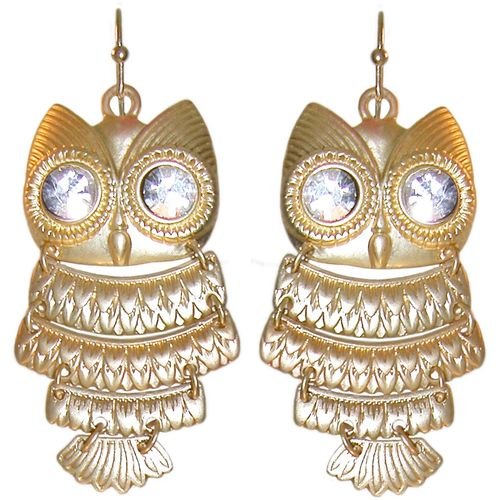 1.75″ Articulated Owl Earrings With Big Rhinestone Eyes In Gold With Matte Finish