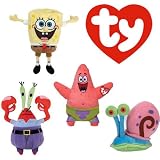 Ty Beanie Babies Set of 4- Sponge Bob Square Pants and Patrick Star, Mr. Krabs, and Gary the Snail