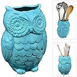 Owl Design Aqua Blue Ceramic Kitchen Cooking Utensil Crock / Office Pencil Holder Pen Container - MyGift&reg;