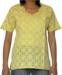 Womens Top Comfort Casual Clothes Cotton Fabric Chikan Style Size S (ctop335)