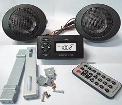 GSI Deluxe Outdoor Music Package - Quality Waterproof MP3 Player With USB Interface and SD Card Slot, Built In FM Radio, LCD Display and Remote Control - Plus Pair Of Weatherproof Amplified Speakers - Mount Installation Tools - For Motorcycle, Motorbike Or ATV