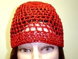Cpm107, Hand Crocheted Red Metallic Gimp Skull Cap for Men Women and Teens.