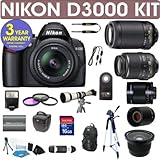 IMAGE OF Nikon D3000 Digital Camera + Nikon 18-55mm VR Lens + Nikon 55-200mm VR Lens + .40x Wide Angle Fisheye Lens + 650-1300mm Zoom Lens + 500mm Mirror Lens + 2x T-Mount Telephoto Lens + 3 Year Celltime Warranty