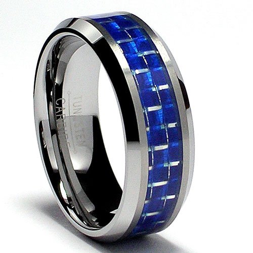 8MM Flat Top Tungsten Carbide Ring Wedding Band W/ Blue Carbon Fiber Inlay Sizes 7 to 13