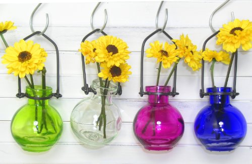 Colored Glass Hanging Flower Wall Vases #1 - Lot of 4 ~ Colored Glass Bottle ~ Floral Vase ~ Colored Vase