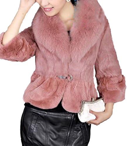 Helan Women's Faux Fox Fur Collar Rex Rabbit Short Coat Medium Pink