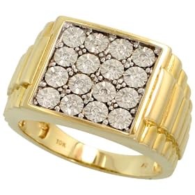 10k Gold Watch Band Style Men’s Square Diamond Ring, w/ 0.25 Carat Brilliant Cut Diamonds, 9/16″ (15mm) wide