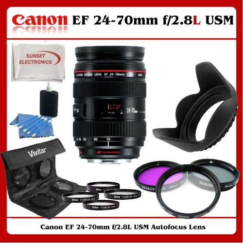 Canon Zoom Wide Angle-Telephoto EF 24-70mm f/2.8L USM Autofocus Lens with SSE Ultimate Lens Kit: Includes - 3 Piece Multicoated Filter Set (UV,CPL,FLD) - 4 Piece Macro Close-Up Set (Diopters: +1,+2,+4,+10) - Tulpi Lens Hood - 7 Piece Cleaning Kit & Microfiber Cleaning Cloth