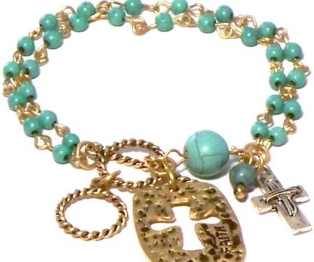 Silver & Gold Religious Bracelet, Cross Bracelet, Turquoise Beads, Designed in America and Assembled Overseas, This Wholesale High Fashion Jewelry Provides a Wonderful Neutral That Can Accessorize Nearly Anything in the Shop... Color Faux Pearl Beads and Cross Charms Beautifully Design Taggol Clasp Bracelet. Jewelry Trends Lean Towards That Make a Big Statement.