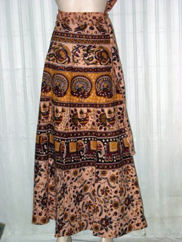 Fashionable Womens Apricot Peacock Print Indian Cotton Wrap Around Skirts India 40" Long Free Shipping