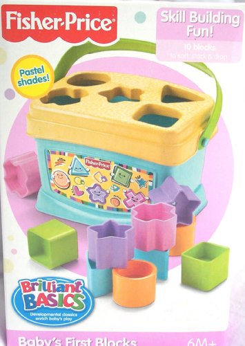 Fisher Price Brilliant Basics Baby’s First Blocks Pastel Shades, Teal Blue Bucket