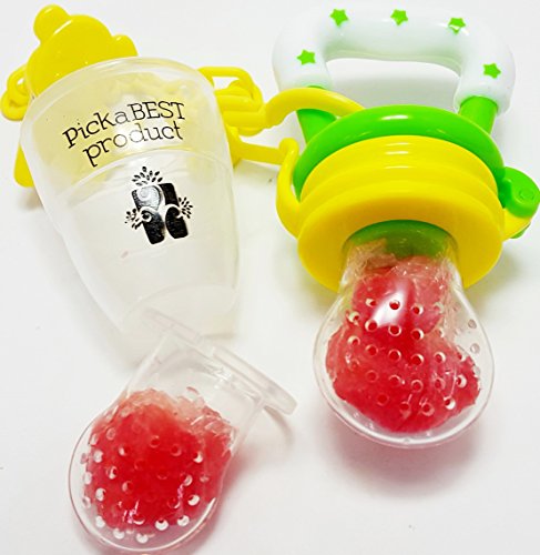 Best Baby Food Feeder Nibbler Soother Teether for Eating Fresh Fruit Vegetables Meat Choke Free From PickaBEST Product. Safe High Quality Storage Container With Extra Silicone Nipple. Bonus Pacifier Clip. Green and Yellow.