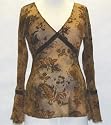 Flocked Mesh VNeck Top with Velvet Ribbon to tie back, Small, Wine/Chocolate