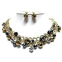 Gold Mixed Metallic and Glass Stone Dangle Chain Necklace and Earrings Set Fashion Jewelry
