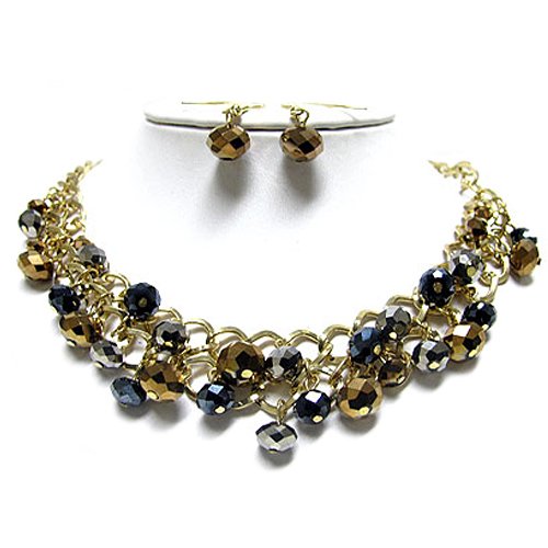 Gold Mixed Metallic and Glass Stone Dangle Chain Necklace and Earrings Set Fashion Jewelry