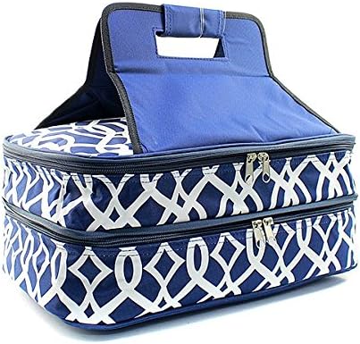 Expandable Casserole Carrier Insulated~2 Compartments~Hot and Cold~Velcro Handle (Navy Blue Geometric)