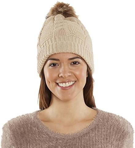 Samshine Winter Cable Knit Beanie Hat with Fur Lining and Pom Pom (Ivory)