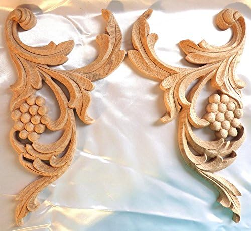 13-1/2"H X 7-3/4"W X 3/4"TH, Hand Carved Hard Wood Grape Coner Applique Onlay Corbel (Pair,L&R)