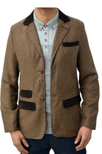 Designer Soul Star Herringbone Men's Regular Fit Tweed Blazer Jacket Small Brown