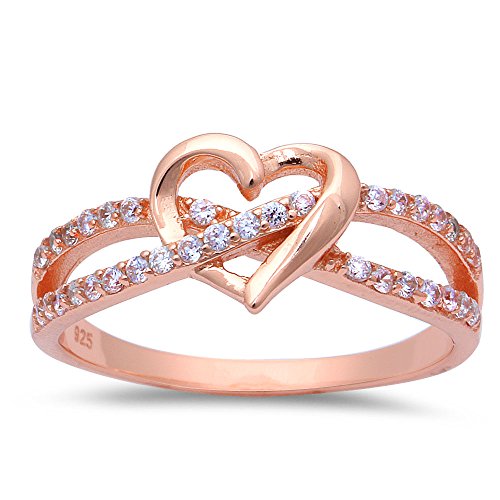 ROSE GOLD PLATED INFINITY LOVE KNOT HEART Cubic Zirconia Sterling Silver Promise Ring 6