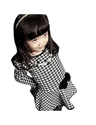 Girls Plaid Print Long Sleeves Lace  Cotton  Shirt  Dress With Pearls