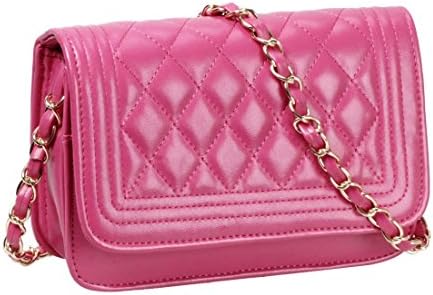 BMC Womens Fuchsia PU Faux Leather Diamond Quilted Pattern Mini Handbag Shoulder Strap Clutch