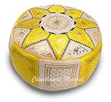 Moroccan Ottoman Leather Poof Yellow Star