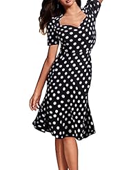 Sexy Polyester Square Neck Mermaid Vintage Lace Polka Dot Print Cocktail Knee Length Short Puff Sleeves Party Dress 