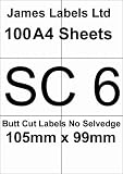 Laser Labels 100 A4 Sheets (White) SC6 Butt Cut No Selvedge 6 Labels Per Sheet 105mm x 99mm Guaranteed Not To Jam