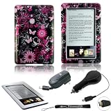 Crystal Case Pink Flower Ultimate Design Slim Premium Durable Hard Case Edition For Barnes and Noble Nook E-Reader + Includes a 4-Inch eBigvalue Determination Hand Strap + Includes a Micro USB Type Retractable Trave Charger Kit; Home Wall Retractable Charger and Car Auto Retractable Charger for your Nook + Also Includes a Anti Glare Full Screen Protector for Nook