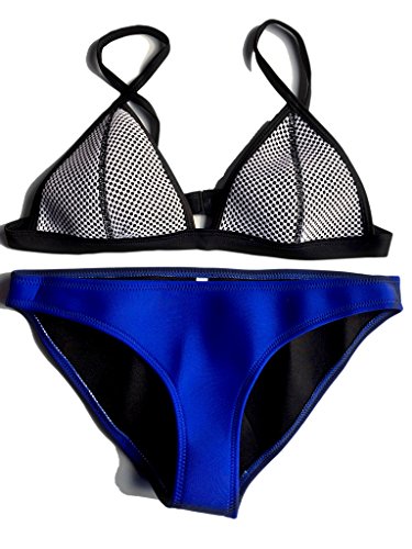 2015 New Women Neoprene Bikini Mesh Triangle Top with Bottom Bathing Suit Swimsuit Blue Medium