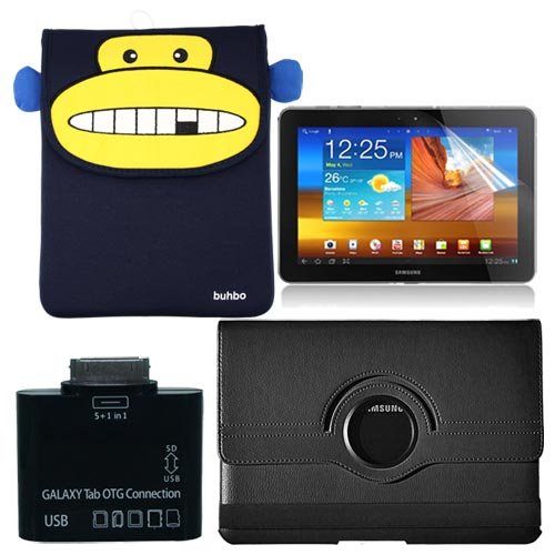 Premium LCD Clear Screen Protector + MOMO the Monkey Memory Foam Case + Black 360 Degree Leather Case + 5 In 1 Card Reader OTG connection kit For Samsung Galaxy Tab 10.1 P7510 By Buhbo